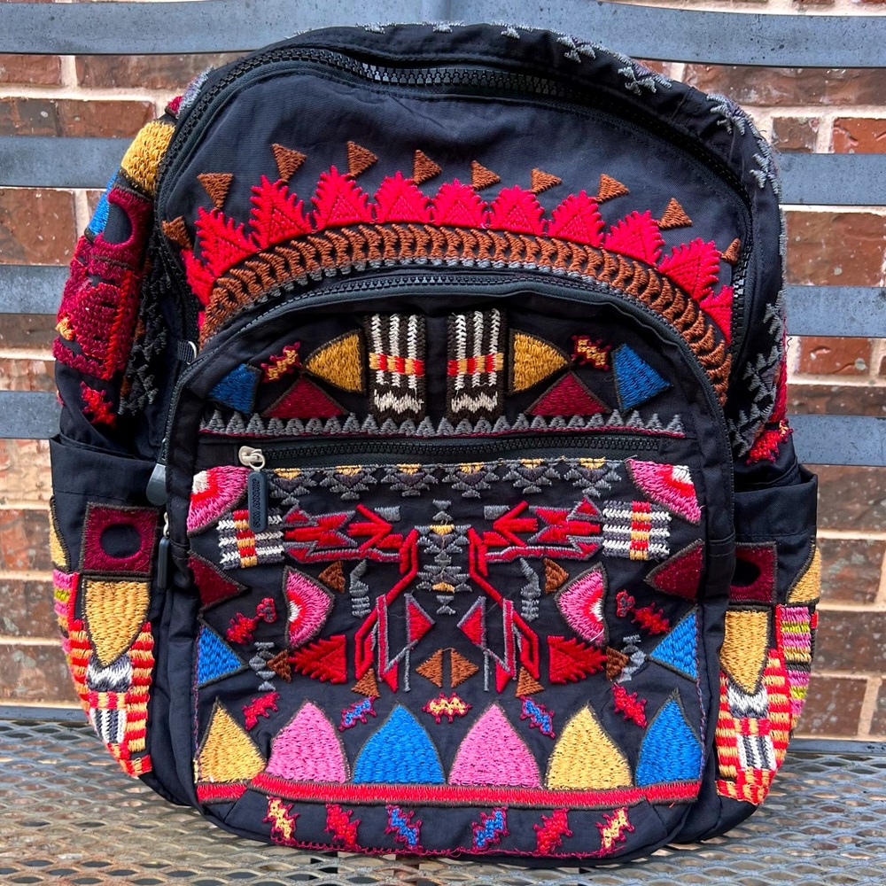 Johnny Was Sana Nylon Black and Colorful Embroidery Backpack 13” x 17” *As Is*